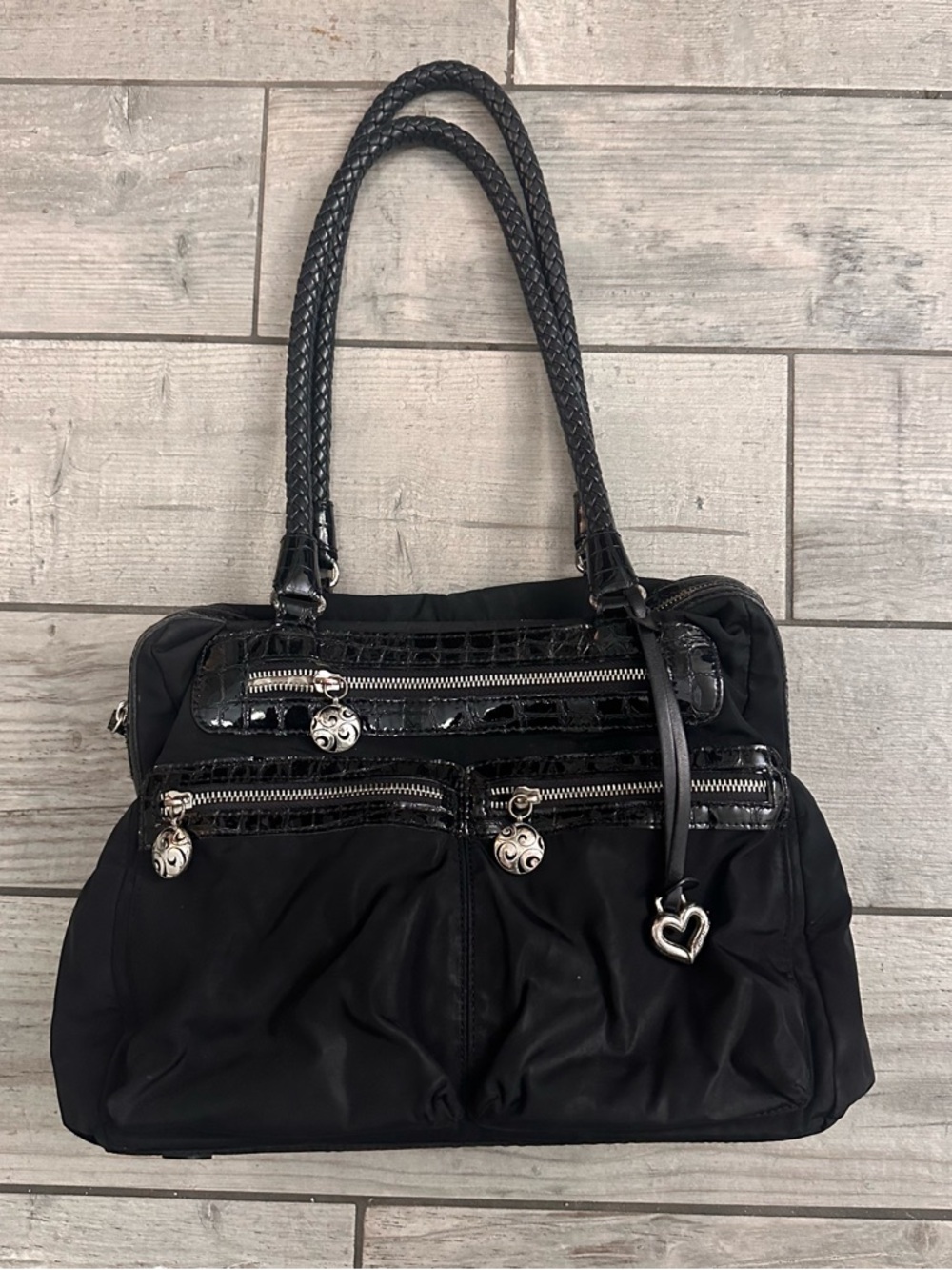 Brighton Black Nylon & Croc Embossed Leather Satchel Bag Braided Handles Charm